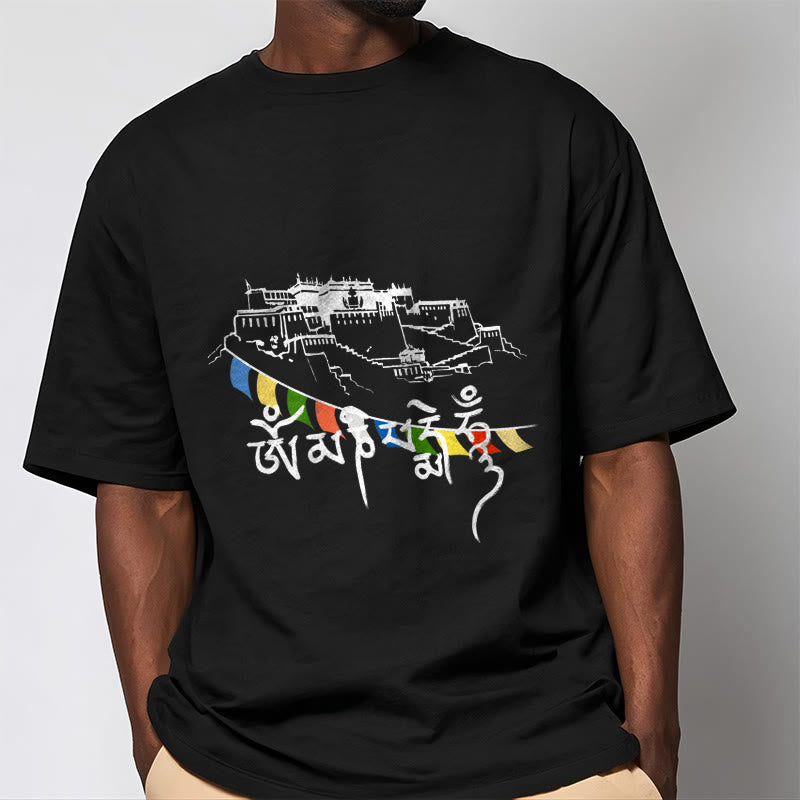 Buddha Stones Potala Palace Om Mani Padme Hum Prayer Flags Cotton Tee T-shirt