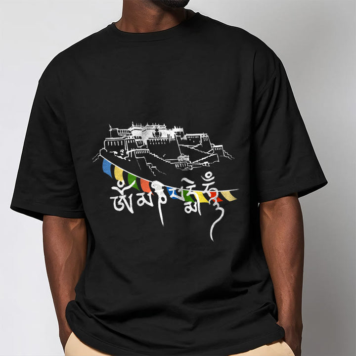 Buddha Stones Potala Palace Om Mani Padme Hum Prayer Flags Cotton Tee T-shirt