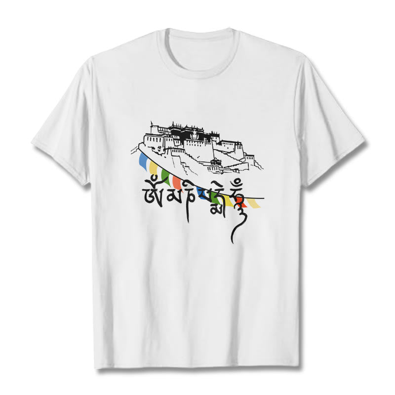 Buddha Stones Potala Palace Om Mani Padme Hum Prayer Flags Cotton Tee T-shirt