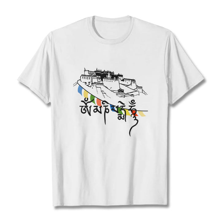 Buddha Stones Potala Palace Om Mani Padme Hum Prayer Flags Cotton Tee T-shirt