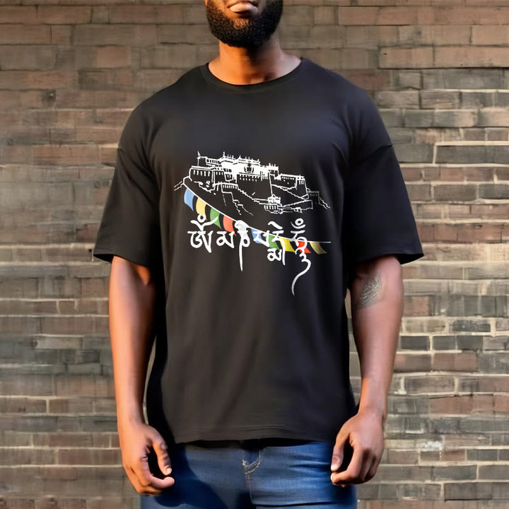 Buddha Stones Potala Palace Om Mani Padme Hum Prayer Flags Cotton Tee T-shirt