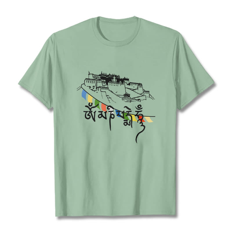 Buddha Stones Potala Palace Om Mani Padme Hum Prayer Flags Cotton Tee T-shirt