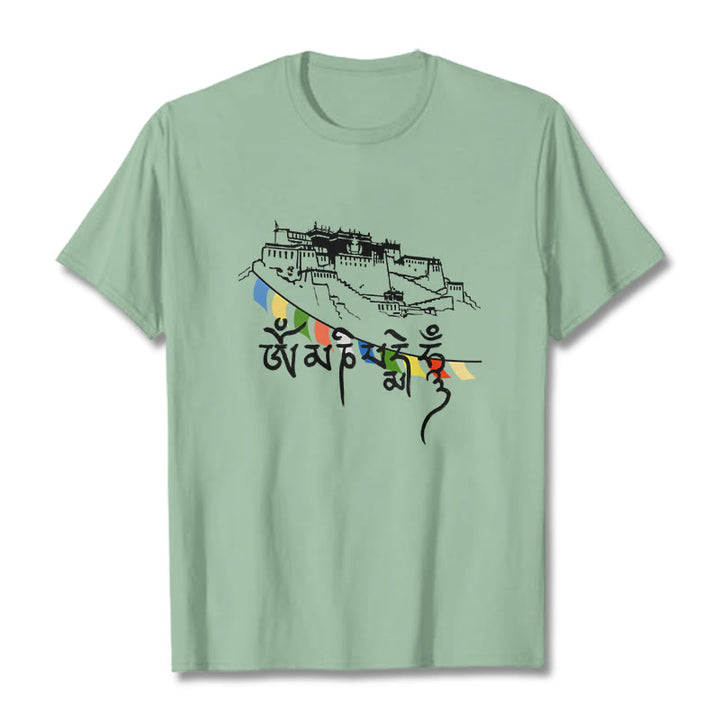Buddha Stones Potala Palace Om Mani Padme Hum Prayer Flags Cotton Tee T-shirt