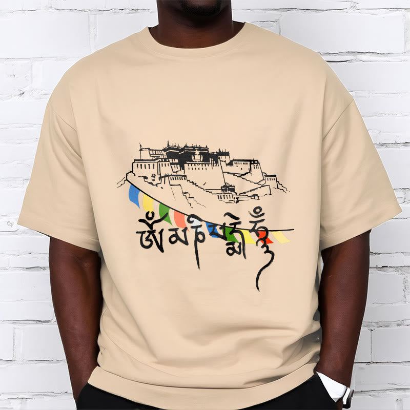 Buddha Stones Potala Palace Om Mani Padme Hum Prayer Flags Cotton Tee T-shirt