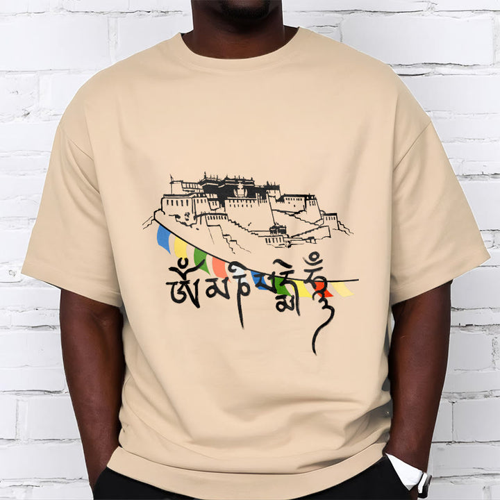Buddha Stones Potala Palace Om Mani Padme Hum Prayer Flags Cotton Tee T-shirt