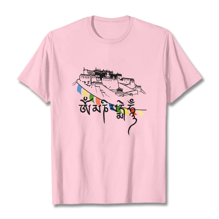 Buddha Stones Potala Palace Om Mani Padme Hum Prayer Flags Cotton Tee T-shirt