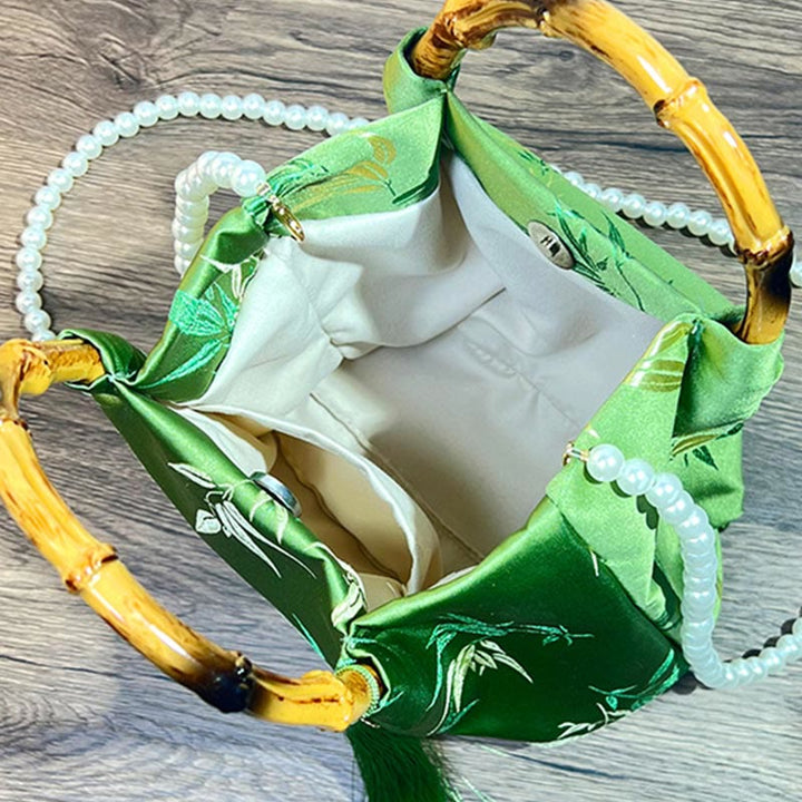 Buddha Stones Embroidery Leaves Bamboo Handle Pearl Crossbody Bag Hangbags