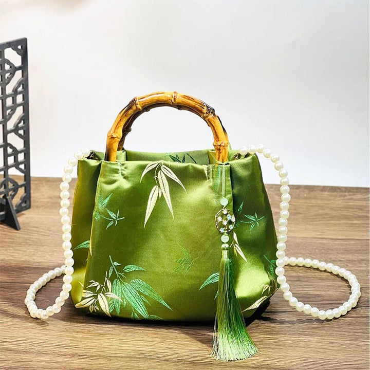 Buddha Stones Embroidery Leaves Bamboo Handle Pearl Crossbody Bag Hangbags