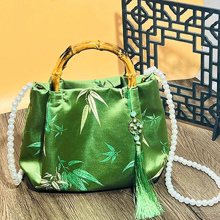 Buddha Stones Embroidery Leaves Bamboo Handle Pearl Crossbody Bag Hangbags