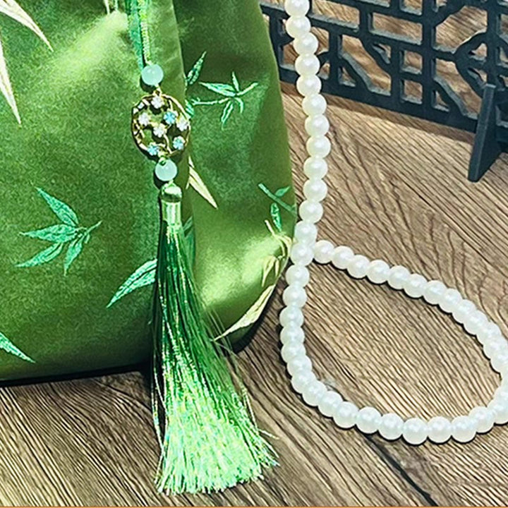 Buddha Stones Embroidery Leaves Bamboo Handle Pearl Crossbody Bag Hangbags