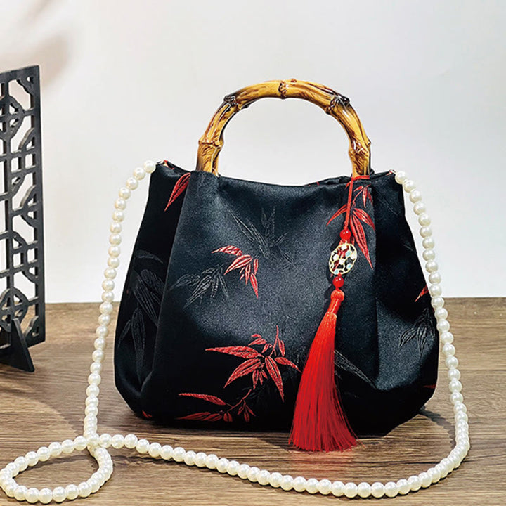 Buddha Stones Polyester Cotton Embroidery Leaves Bamboo Handle Pearl Crossbody Bag Hangbags