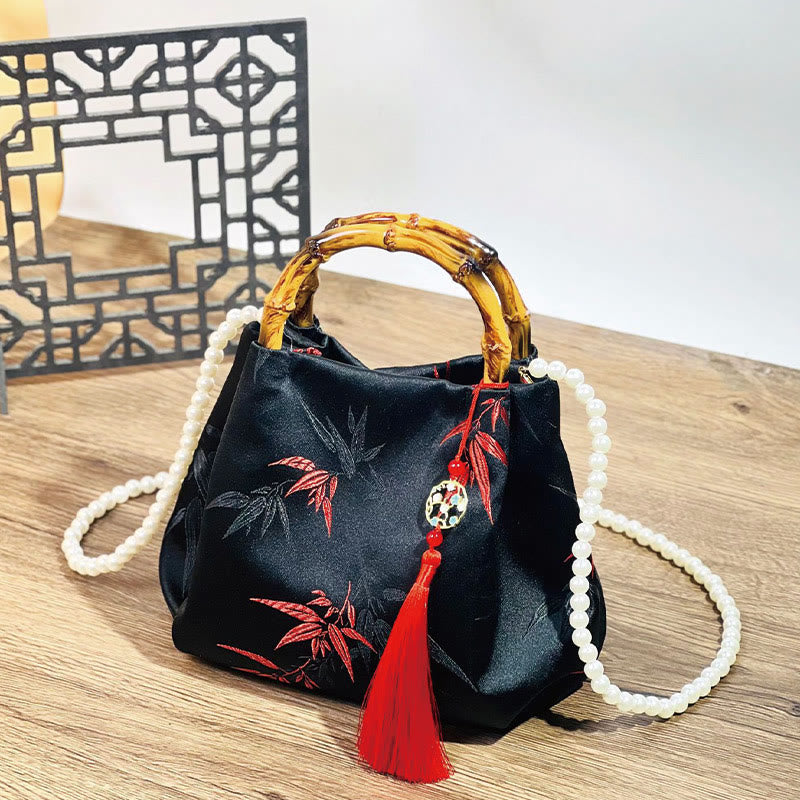 Buddha Stones Polyester Cotton Embroidery Leaves Bamboo Handle Pearl Crossbody Bag Hangbags