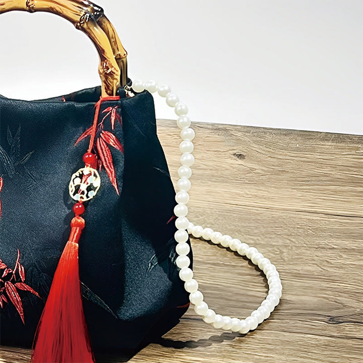 Buddha Stones Polyester Cotton Embroidery Leaves Bamboo Handle Pearl Crossbody Bag Hangbags