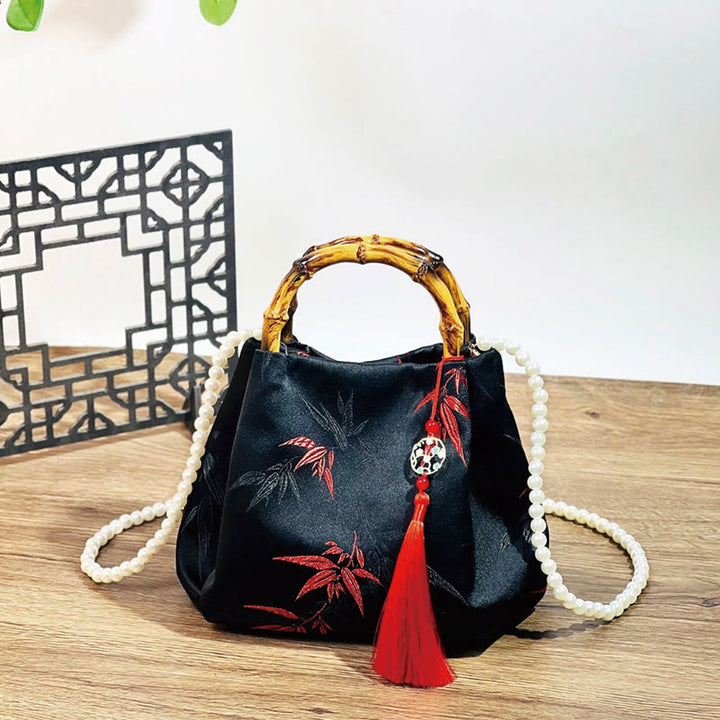 Buddha Stones Polyester Cotton Embroidery Leaves Bamboo Handle Pearl Crossbody Bag Hangbags