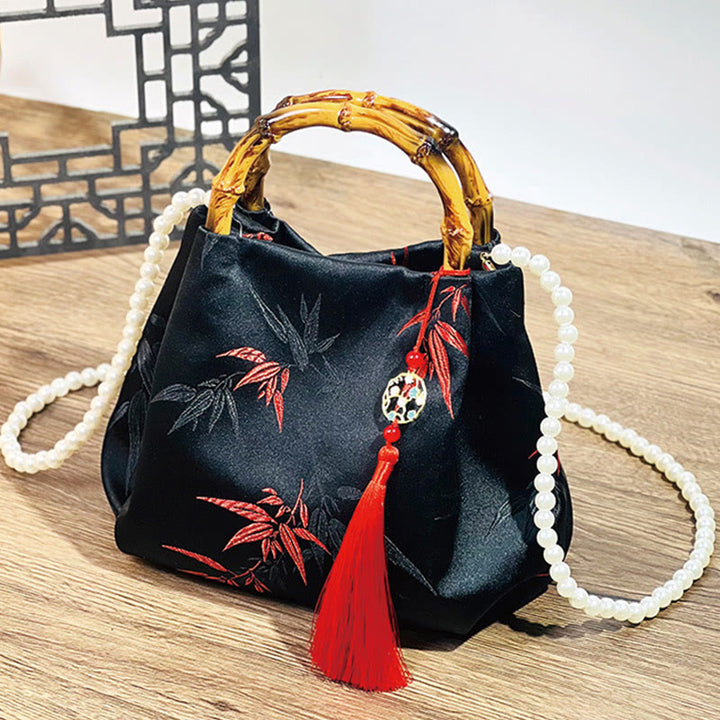 Buddha Stones Polyester Cotton Embroidery Leaves Bamboo Handle Pearl Crossbody Bag Hangbags