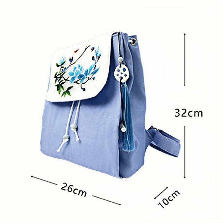 Buddha Stones Handmade Blue Magnolia Embroidered Large Capacity Canvas Backpack