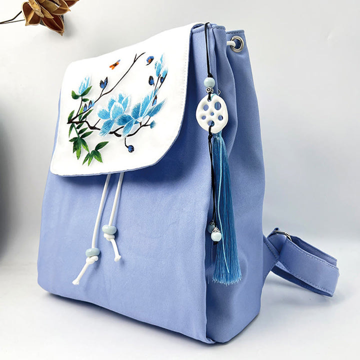 Buddha Stones Handmade Blue Magnolia Embroidered Large Capacity Canvas Backpack