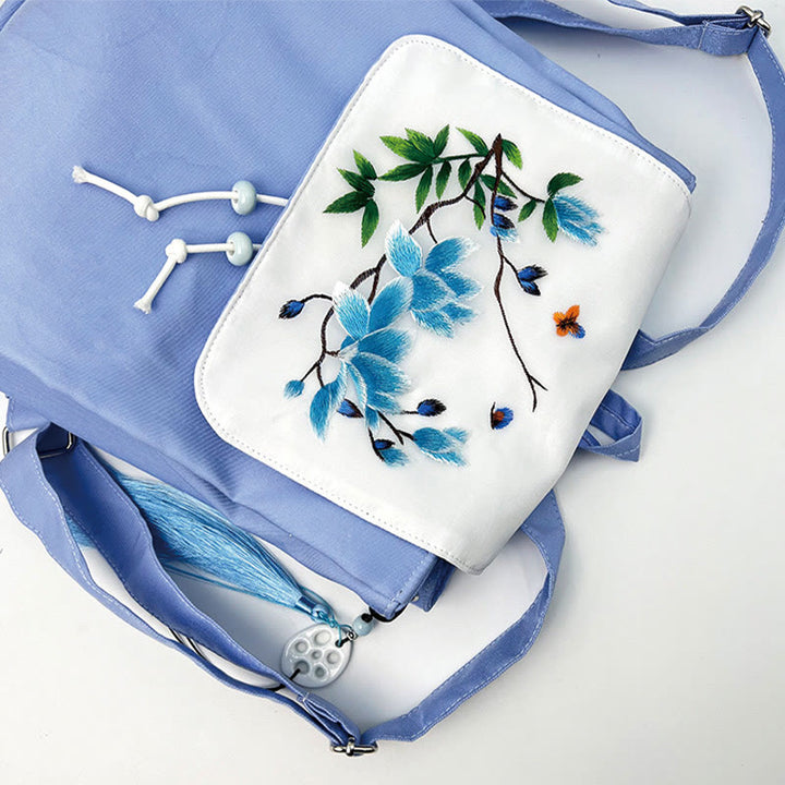 Buddha Stones Handmade Blue Magnolia Embroidered Large Capacity Canvas Backpack