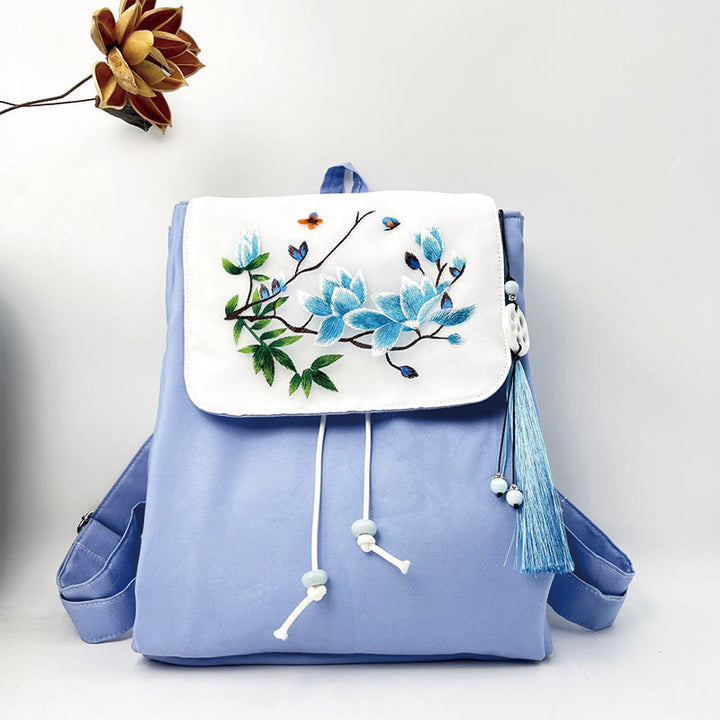 Buddha Stones Handmade Blue Magnolia Embroidered Large Capacity Canvas Backpack