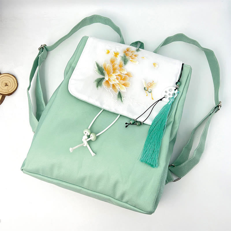 Buddha Stones Handmade Green Peony Flowers Embroidered Large Capacity Canvas Backpack