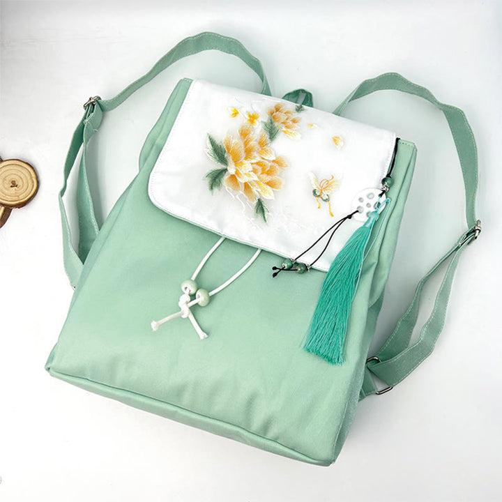 Buddha Stones Handmade Green Peony Flowers Embroidered Large Capacity Canvas Backpack