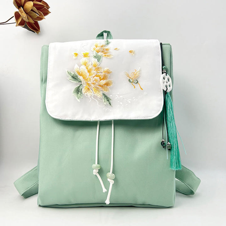 Buddha Stones Handmade Green Peony Flowers Embroidered Large Capacity Canvas Backpack
