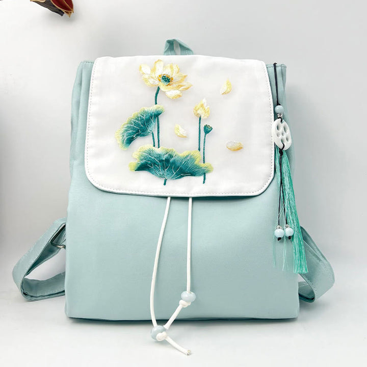 Buddha Stones Handmade Blue Lotus Embroidered Large Capacity Canvas Backpack