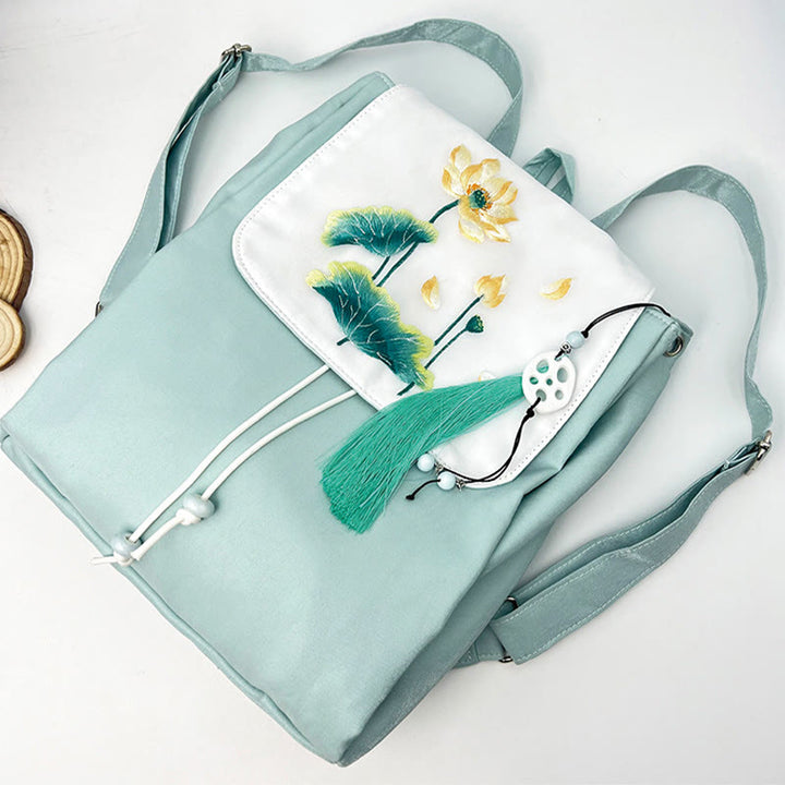 Buddha Stones Handmade Blue Lotus Embroidered Large Capacity Canvas Backpack
