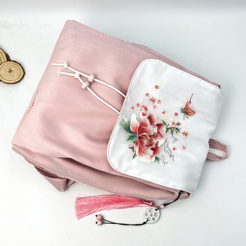 Buddha Stones Handmade Pink Peony Flowers Embroidered Large Capacity Canvas Backpack