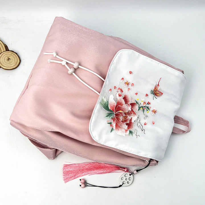 Buddha Stones Handmade Pink Peony Flowers Embroidered Large Capacity Canvas Backpack