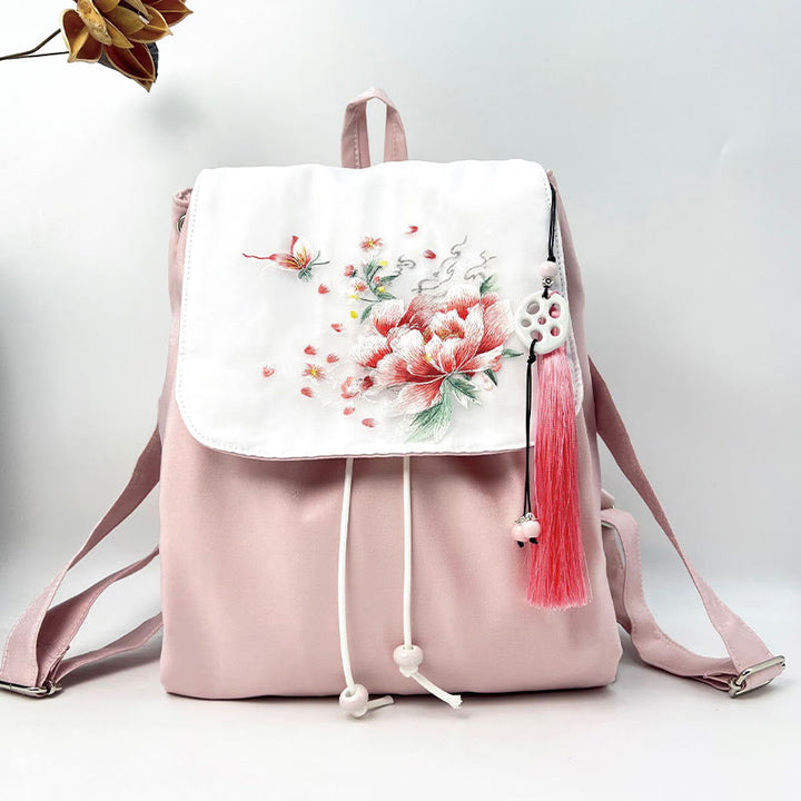Buddha Stones Handmade Pink Peony Flowers Embroidered Large Capacity Canvas Backpack