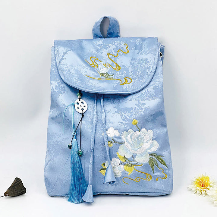Buddha Stones Handmade Blue Camellia Embroidered Large Capacity Polyester Cotton Backpack