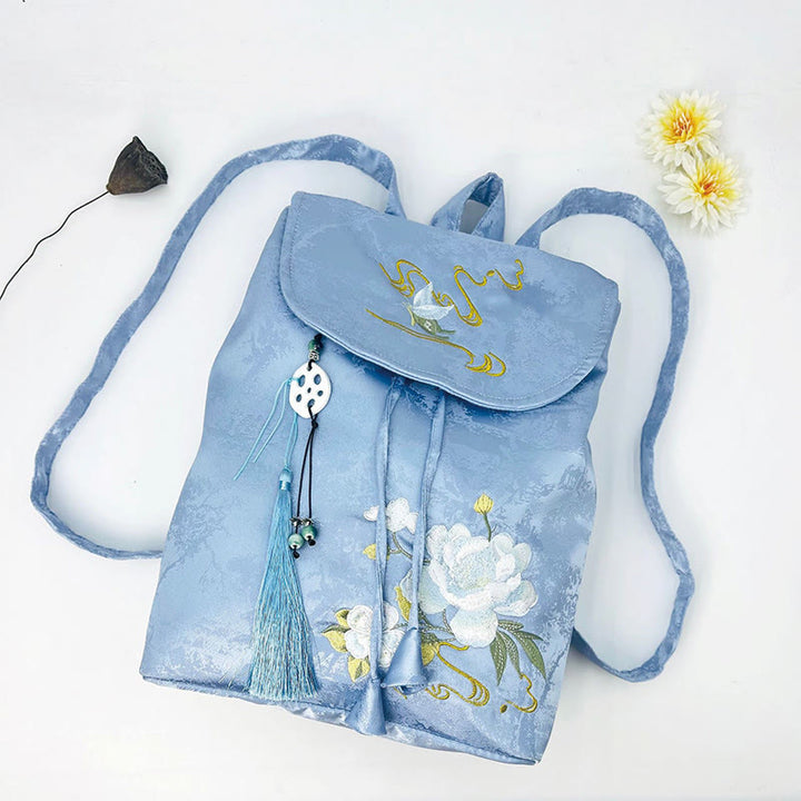 Buddha Stones Handmade Blue Camellia Embroidered Large Capacity Polyester Cotton Backpack