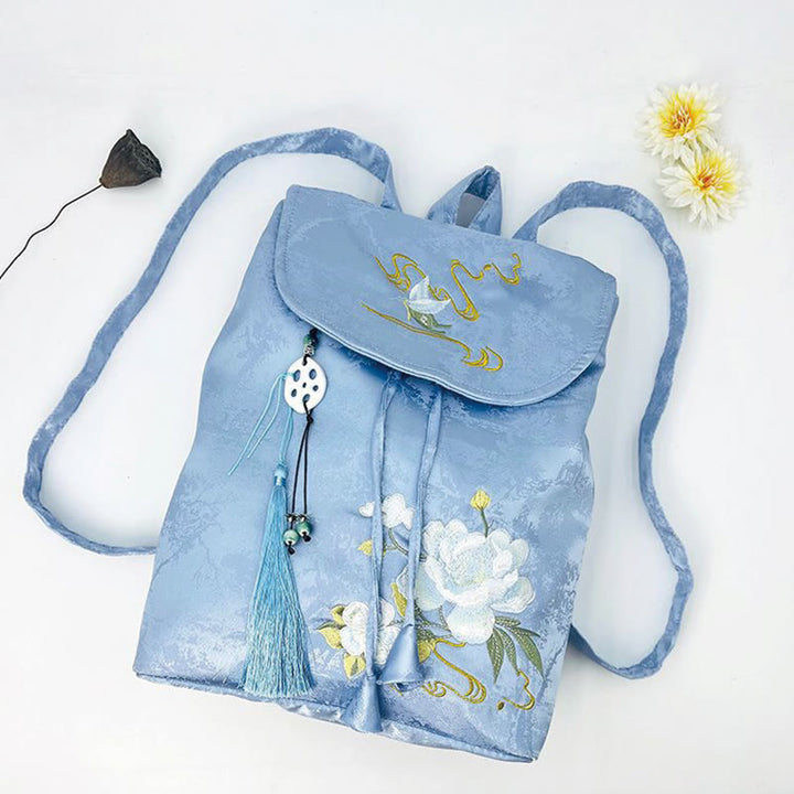 Buddha Stones Handmade Blue Camellia Embroidered Large Capacity Polyester Cotton Backpack