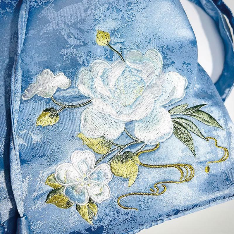 Buddha Stones Handmade Blue Camellia Embroidered Large Capacity Polyester Cotton Backpack