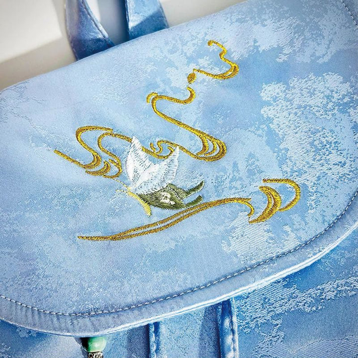 Buddha Stones Handmade Blue Camellia Embroidered Large Capacity Polyester Cotton Backpack