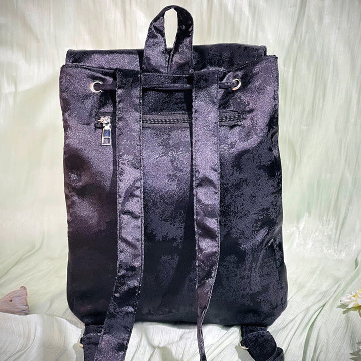 Buddha Stones Handmade Black Peony Embroidered Large Capacity Polyester Cotton Backpack