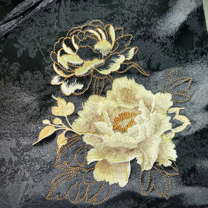 Buddha Stones Handmade Black Peony Embroidered Large Capacity Polyester Cotton Backpack