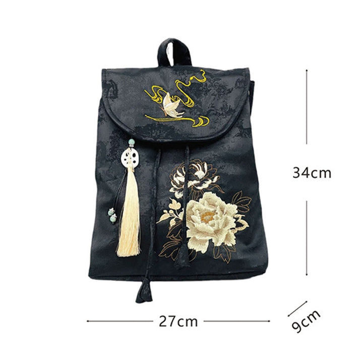 Buddha Stones Handmade Black Peony Embroidered Large Capacity Polyester Cotton Backpack