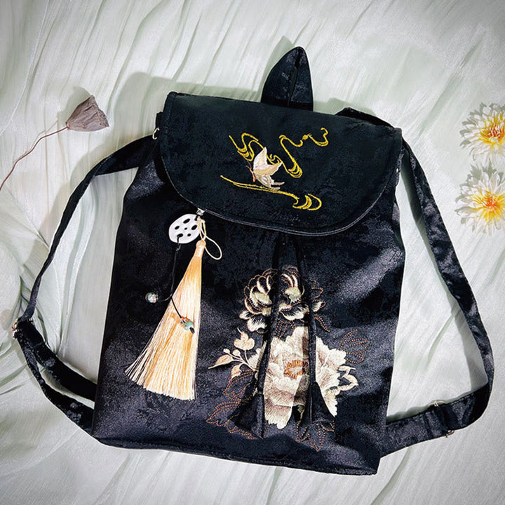 Buddha Stones Handmade Black Peony Embroidered Large Capacity Polyester Cotton Backpack
