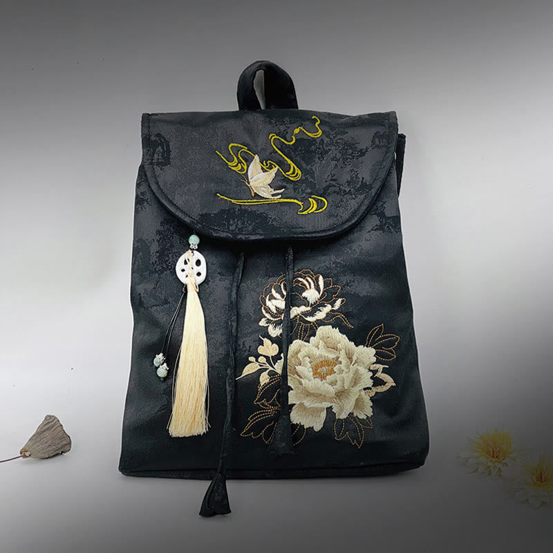 Buddha Stones Handmade Black Peony Embroidered Large Capacity Polyester Cotton Backpack