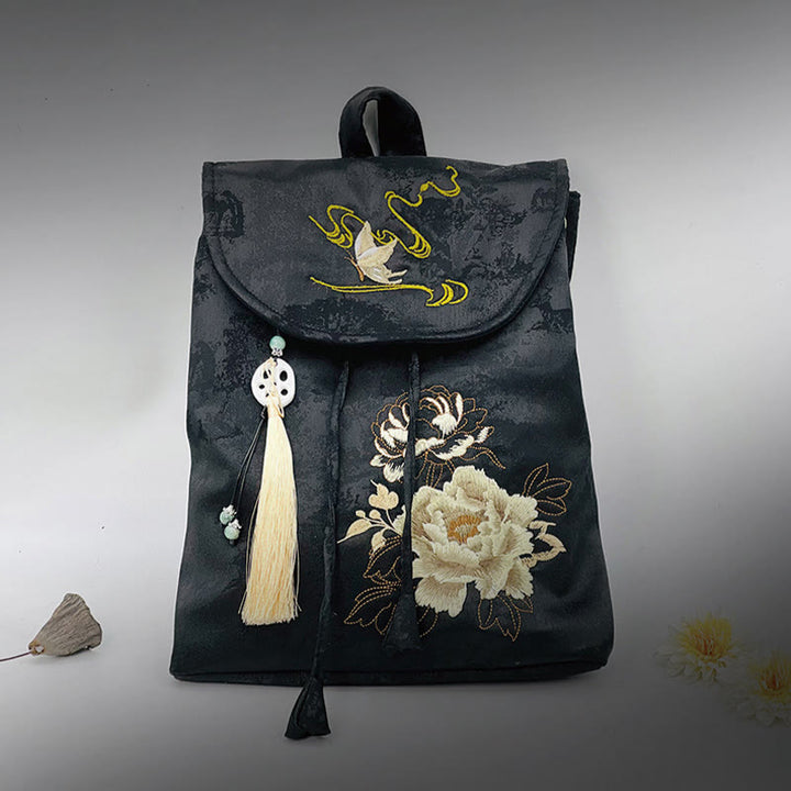 Buddha Stones Handmade Black Peony Embroidered Large Capacity Polyester Cotton Backpack