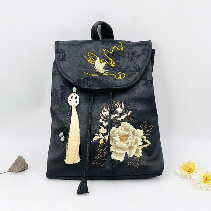 Buddha Stones Handmade Black Peony Embroidered Large Capacity Polyester Cotton Backpack
