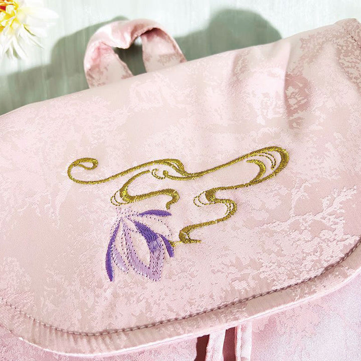Buddha Stones Handmade Pink Lotus Embroidered Large Capacity Polyester Cotton Backpack