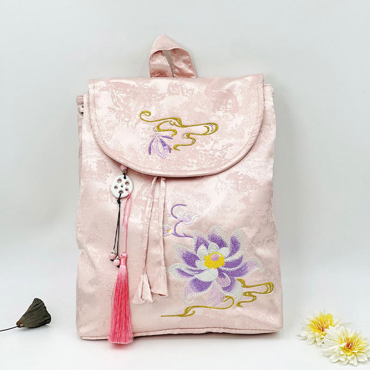 Buddha Stones Handmade Pink Lotus Embroidered Large Capacity Polyester Cotton Backpack