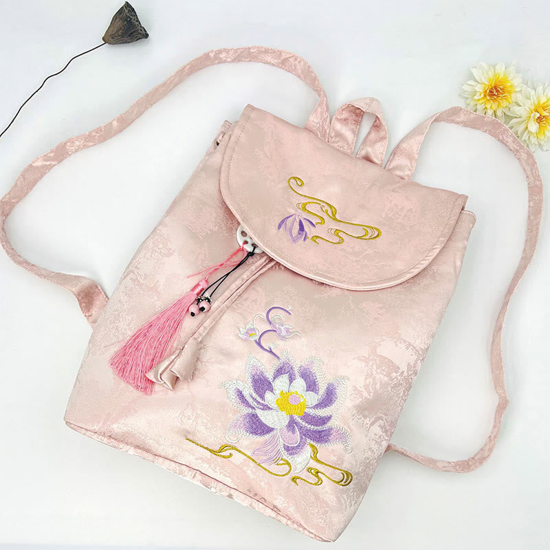 Buddha Stones Handmade Pink Lotus Embroidered Large Capacity Polyester Cotton Backpack