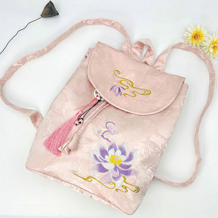 Buddha Stones Handmade Pink Lotus Embroidered Large Capacity Polyester Cotton Backpack