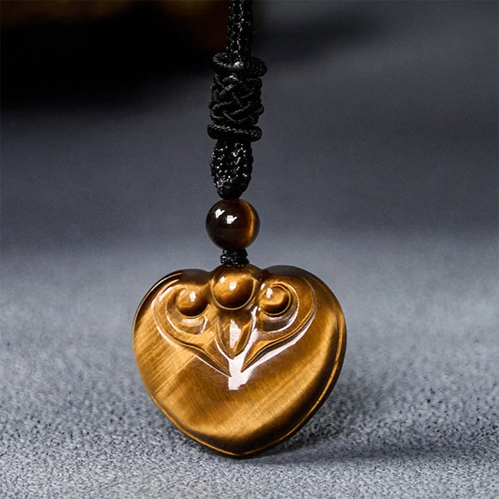 Buddha Stones Natural Tiger Eye Love Heart Pattern Protection Rope Necklace Pendant
