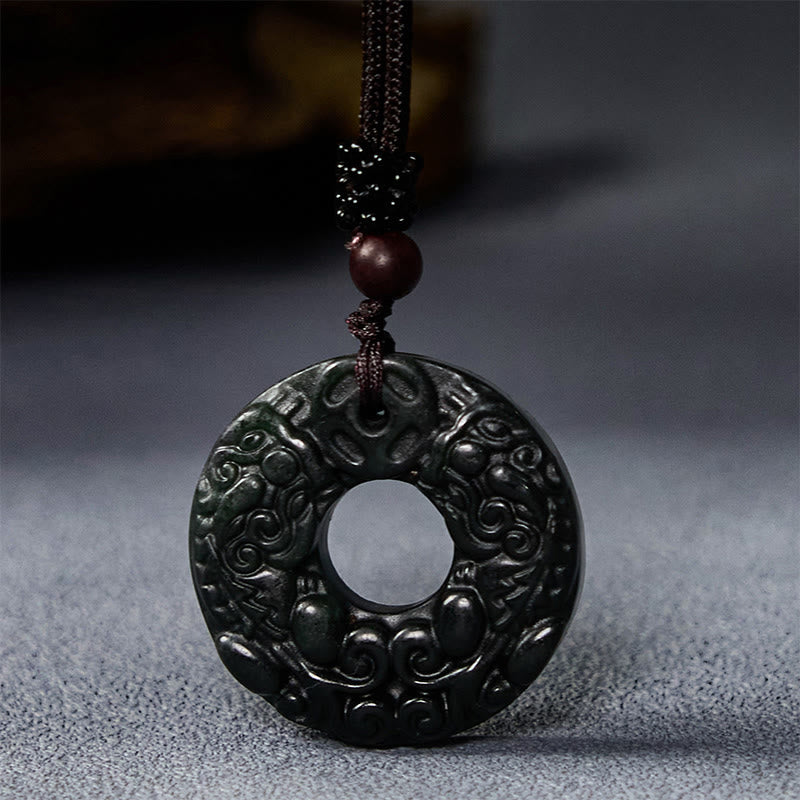 Buddha Stones Tibetan Nanyang Black-Green Jade PiXiu Peace Buckle Protection Necklace Pendant