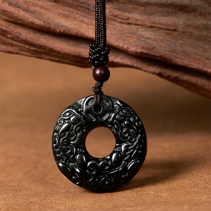Buddha Stones Tibetan Nanyang Black-Green Jade PiXiu Peace Buckle Protection Necklace Pendant